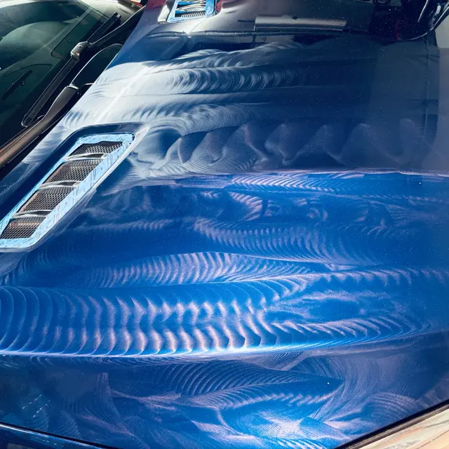Glossy blue hood after a wash and wax, Arlington Heights